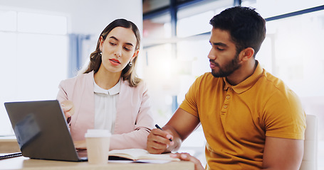 Image showing Business, collaboration and employees planning, meeting and explain process, system and share ideas in office. Staff, man and woman brainstorming, conversation and discussion with report and feedback