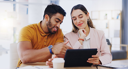 Image showing Business, staff and employees with a tablet, planning and conversation in workplace. Partnership, man and woman with technology, research and discussion with collaboration, share ideas and talking