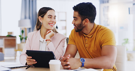 Image showing Business, staff and employees with a tablet, planning and conversation in workplace. Partnership, man and woman with technology, research and discussion with collaboration, share ideas and talking