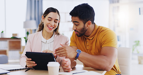 Image showing Collaboration, smile and employees with a tablet, online reading and planning for project in the office. Partners, man or woman with technology, conversation or brainstorming with ideas or discussion