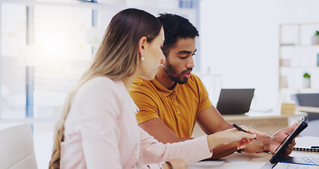 Image showing Planning, tablet and teamwork of business people, discussion or brainstorming in office workplace. Technology, collaboration and cooperation of man and woman pointing, online research and strategy.