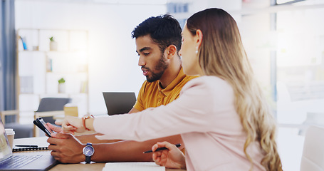 Image showing Planning, tablet and teamwork of business people, discussion or brainstorming in office workplace. Technology, collaboration and cooperation of man and woman pointing, online research and strategy.