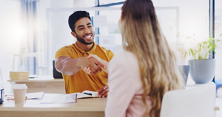 Image showing Smile, business people and handshake for partnership, deal or introduction in workplace. Happy, man and woman shaking hands for agreement, b2b or onboarding, congratulations or welcome to company.