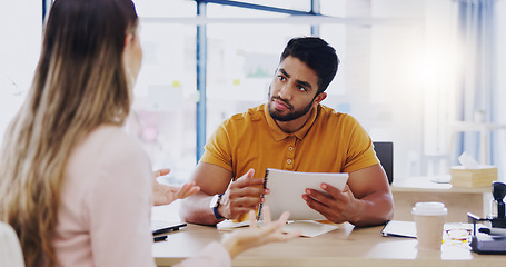 Image showing Business people, teamwork and paperwork with online management team talking about strategy. Document analysis and man with communication and cooperation planning research with work schedule and idea