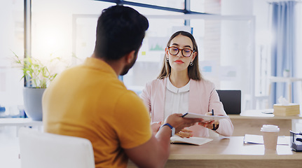 Image showing Business people, teamwork and contract with lawyer management team talking about paperwork. Law analysis and woman with communication and cooperation planning research with strategy document