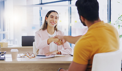 Image showing Laughing, business people and handshake for partnership, deal or introduction in workplace. Funny, man and woman shaking hands for agreement, b2b or onboarding, congratulations or welcome to company.