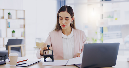 Image showing Business hands, stamping and certifying documents in office, copywriting and project goals at desk. Professional worker, writer or editor with notes, brainstorming or job reminder in journal