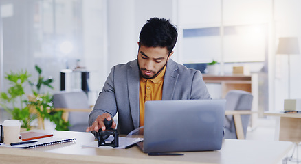 Image showing Business hands, stamping and certifying documents in office, copywriting and project goals at desk. Professional worker, writer or editor with notes, brainstorming or job reminder in journal