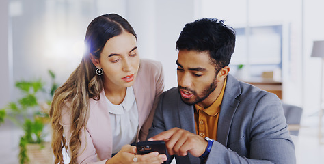 Image showing Business people, phone and teamwork in office to scroll, research and discussion. Cellphone, collaboration and employees or friends, man and woman planning, online browsing and social media together.