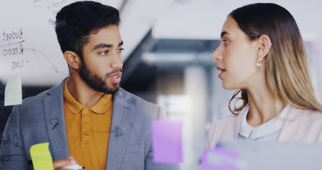 Image showing Planning, talking strategy and business people with notes, brainstorming and work agenda. Conversation, teamwork and a businessman and woman speaking about company innovation, moodboard and ideas