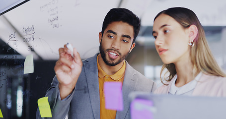 Image showing Planning, talking strategy and business people with notes, brainstorming and work agenda. Conversation, teamwork and a businessman and woman speaking about company innovation, moodboard and ideas