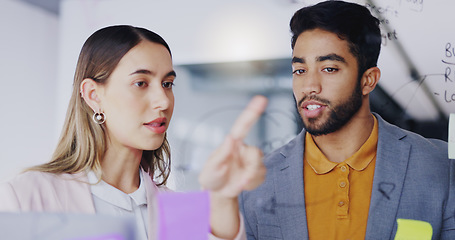 Image showing Planning, talking schedule and business people with notes, brainstorming and work agenda. Conversation, teamwork and a businessman and woman speaking about company innovation, moodboard and ideas