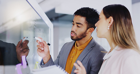 Image showing Business people, teamwork and brainstorming at window for agenda, feedback notes or target process in office. Man, woman and employees planning project ideas, timeline strategy or schedule of mindmap