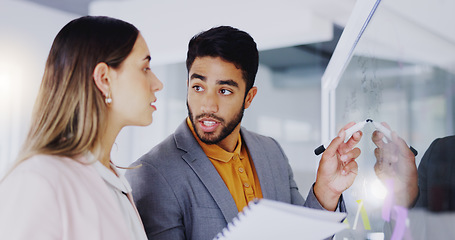 Image showing Business people, teamwork and brainstorming at window for agenda, feedback notes or target process in office. Man, woman and employees planning project ideas, timeline strategy or schedule of mindmap