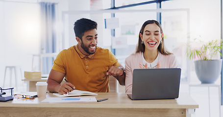 Image showing Creative business people, laptop and high five for winning, success or planning together in teamwork at office. Happy man and woman touching hands on touchscreen for team collaboration or achievement