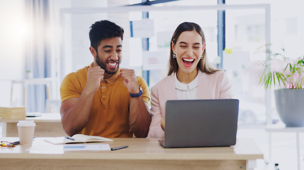 Image showing Creative business people, laptop and high five for winning, success or planning together in teamwork at office. Happy man and woman touching hands on touchscreen for team collaboration or achievement