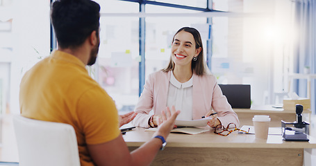 Image showing Business people, teamwork and contract with lawyer management team talking about paperwork. Law analysis and woman with communication and cooperation planning research with strategy document