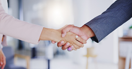 Image showing Partnership, collaboration and handshake in office for business deal, agreement or introduction. Man, woman and shaking hands for congratulations, opportunity or b2b, hiring and welcome to company.