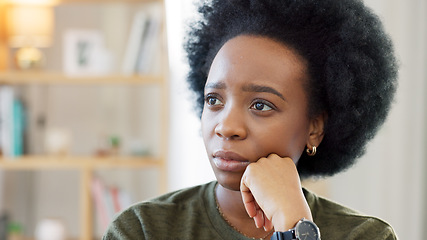 Image showing Black woman, stress and thinking in a home with memory and idea in a living room. African female person, anxiety and house with grief, burnout and thoughtful with depression and mental health