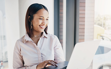 Image showing Happy woman at office window thinking with laptop, research or ideas for HR schedule and online feedback. Internet, networking and website search, businesswoman with smile at human resources agency.