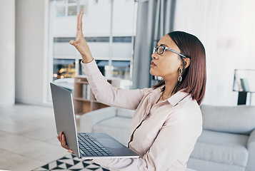 Image showing Press, laptop and business woman in virtual metaverse for online presentation or video call with connection in remote work. Planning, internet and employee in home office working on strategy