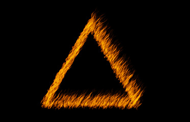 Image showing Triangle flame, heat and light on black background with texture, pattern and burning energy sign. Fire, fuel and flare isolated on dark wallpaper design, explosion at bonfire or thermal power symbol.