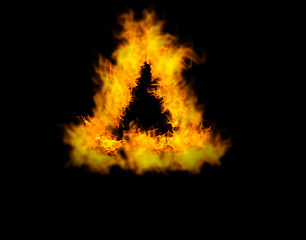 Image showing Triangle fire, heat and light on black background with texture, pattern and burning energy sign. Flame, fuel and flare isolated on dark wallpaper design, explosion at bonfire or thermal power symbol.