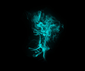 Image showing Blue smoke, aura and cloud with gas fog, pattern and creative art with black background and magic effect. Steam, mystical swirl and mist and color of smoking with air, abstract creativity in studio