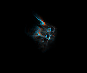 Image showing Smoke, studio and fog with vapor, incense and creative art with steam and swirl. Colorful, neon puff and black background isolated with steam effect, cloud and magic mist of abstract aura in the air