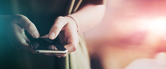 Image showing Mockup, hands typing on mobile app and phone for social media, email or internet connection. Technology, communication or networking for woman with smartphone, scroll and online banner space for info