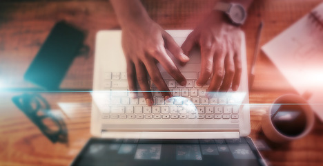 Image showing Future technology, hands typing on laptop from above, business person online at desk with web. Overlay, communication and networking, man writing email for global connectivity on computer keyboard.