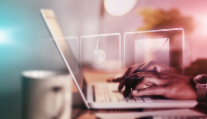 Image showing Email, hands typing on laptop with overlay, business person online at desk with icon for connection. Technology, communication and networking, worker writing report or business feedback on computer.