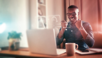 Image showing Winning, businessman and celebration on laptop with hologram online, coding or remote work achievement in programming. Wow, surprise or happy employee excited for virtual success with internet