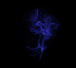 Image showing Smoke, studio and blue fog with vapor, incense and creative art with steam and swirl. Colorful, neon puff and black background isolated with chemistry effect, cloud and magic mist of aura in the air