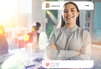 Image showing Portrait, social media and arms crossed with a business woman on screen to like, share or comment on a post. Profile picture, status or update and a confident young employee on a display with space