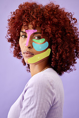 Image showing Beauty, hologram and portrait of woman in studio for wellness, skincare and facial mapping. Dermatology mockup, spa and face of person on purple background with overlay for makeup and cosmetics