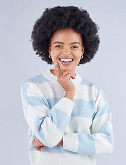 Image showing Thinking, portrait and happy black woman in studio with choice, positive attitude and optimism on grey background. Idea, smile and face of African lady model with emoji expression for why or decision