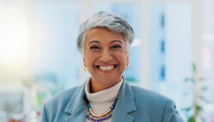 Image showing Face, happy and senior business woman, CEO or executive director smile for startup company success, growth or development. Portrait, happiness and professional person, boss or manager of design firm