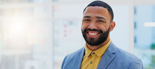 Image showing Face, happy and office business man, designer or creative agent smile for startup company success, growth or brand. Portrait, happiness and professional person, consultant or employee of design firm