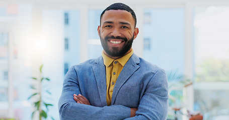 Image showing Face, arms crossed and happy business man, confident designer or creative agent smile for startup company success. Job portrait, mindset or professional person, consultant or manager of design agency