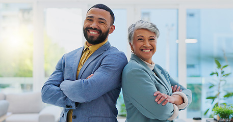 Image showing Office, arms crossed and happy business people, team or executive partner smile for startup architect brand. Portrait, teamwork and professional staff, workforce or management of creative architectur