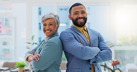 Image showing Office, arms crossed and happy business people, team or executive partner smile for startup architect brand. Portrait, teamwork and professional staff, workforce or management of creative architectur