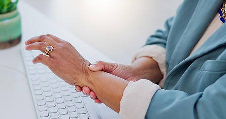Image showing Computer keyboard, hands and business person with carpal tunnel syndrome, pain or closeup wrist strain. Arthritis risk, emergency crisis and professional worker sore from typing, injury or problem