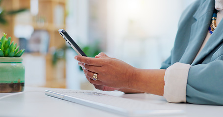 Image showing Office, phone and business person hands typing online research, mobile info search or review social network app. Networking closeup, smartphone connect or professional employee contact cellphone user