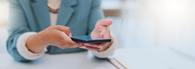 Image showing Office, cellphone and professional person hands typing online feedback, mobile search or review social network app. Closeup, smartphone communication or business consultant check email, blog or text