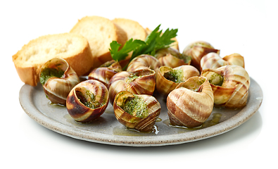 Image showing plate of baked escargot snails filled with parsley and garlic bu