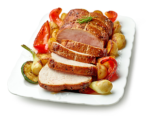 Image showing sliced roast pork with vegetables