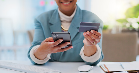 Image showing Credit card, fintech and phone with hands of woman in office for payment, online shopping an investment. Ecommerce, savings and banking app with closeup of employee for business, website and finance