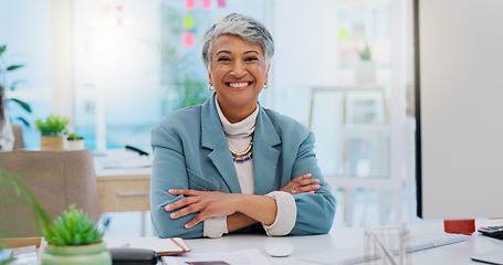 Image showing Pride, smile and senior professional woman, business designer or executive manager happy for office career. Portrait, workplace and elderly person, creative design agent or leader happiness for job