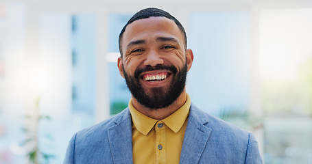 Image showing Face, happy and office business man, designer or creative agent smile for startup company success, growth or brand. Portrait, happiness and professional person, consultant or employee of design firm
